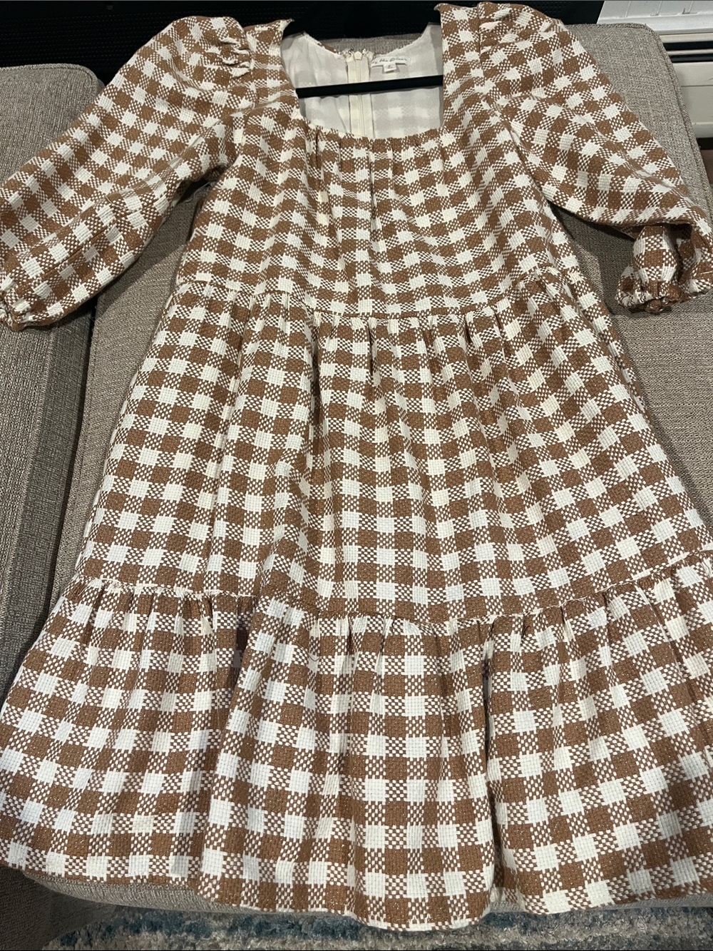 Brown and White Gingham Puff Sleeve Dress